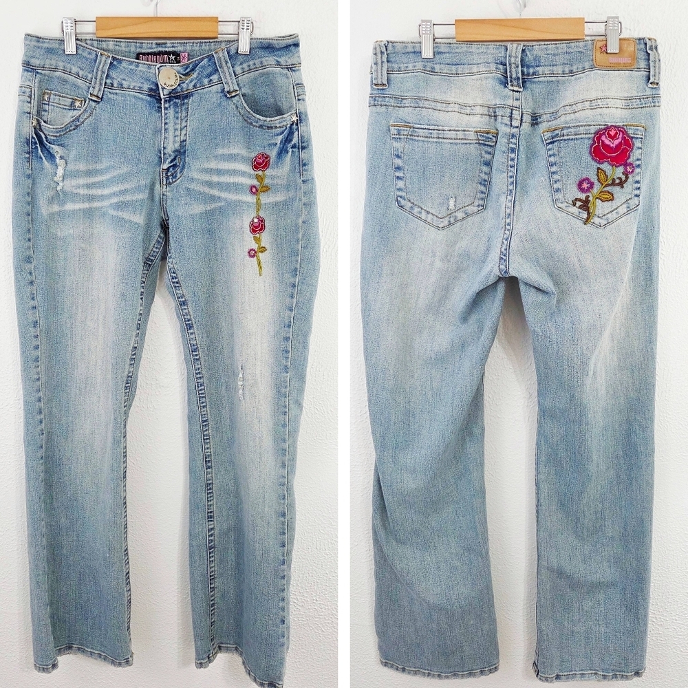 Vintage Y2K Rose Embroidered Jeans Retro Wide Leg Floral Bubblegum Size 14